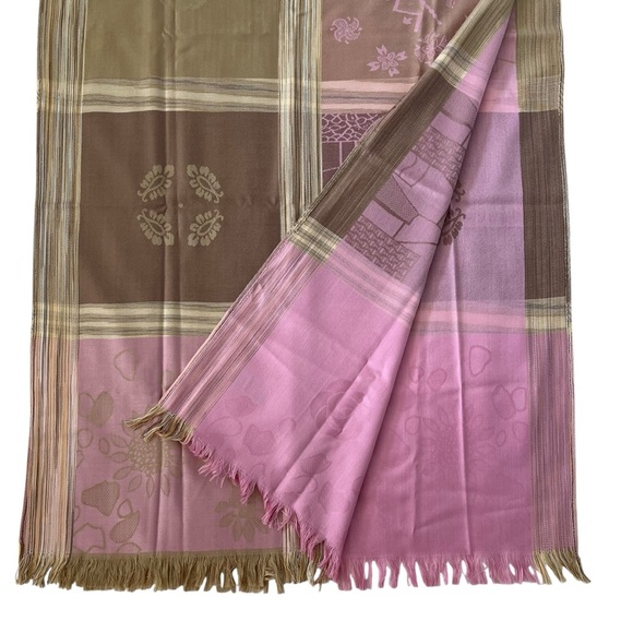 Geometric Pink Brown Silk Pashmina Fringe Shawl Scarf - Picture 4 of 6